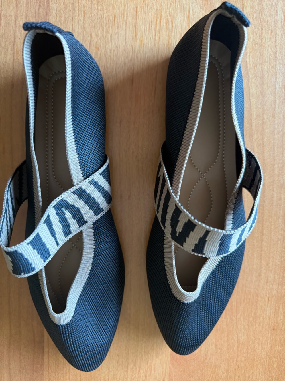 Women's Navy Pointed Knit Flats with Patterned Strap